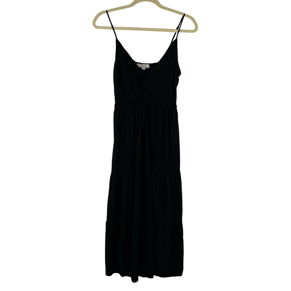 LOFT Black Twist Tiered Midi Strappy Dress Textured Women's 10 Dressy Party